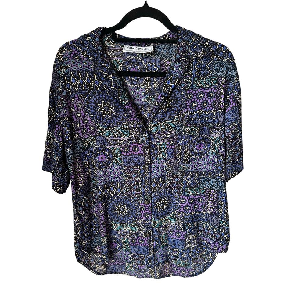 VTG Unisex 90s Button Up Blouse Boho Eclectic Artistic Print Saved by the Bell